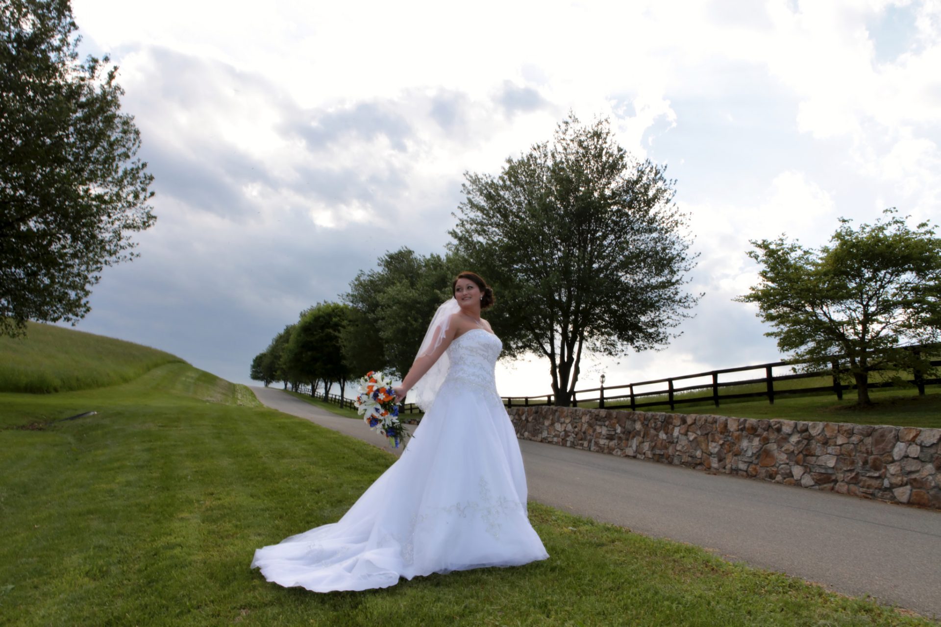 bride in the grass by the stone wall